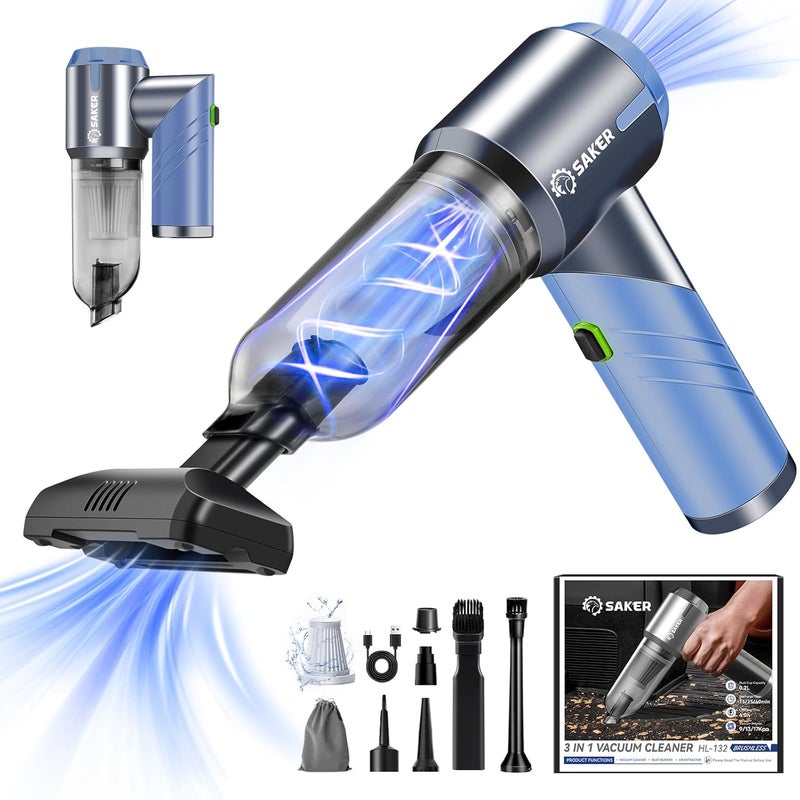Saker Portable Car Vacuum Cleaner Cordless High Power 17000PA 3 in 1 Foldable Handheld Vacuum Cordless with Brushless Motor for Inflation,Dust Blowing,Home Car Cleaning HL132 Blue - Image 1